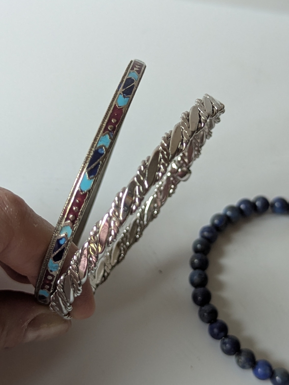 Silvertone and Blue Beaded Stackable Bracelet Set - Picture 6 of 9